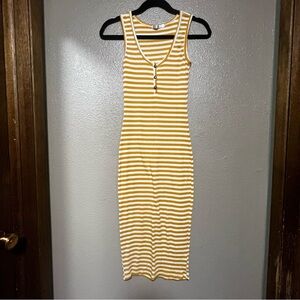 Heart Hips Ribbed White and Yellow Sleeveless Stretch Midi Dress Vacation Reaort